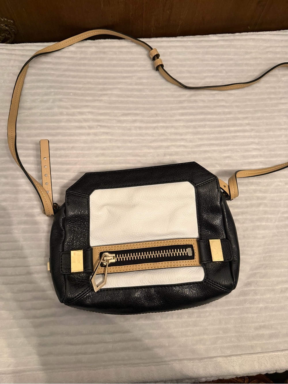 Two-Tone Black and White Leather Crossbody Bag with Tan Strap